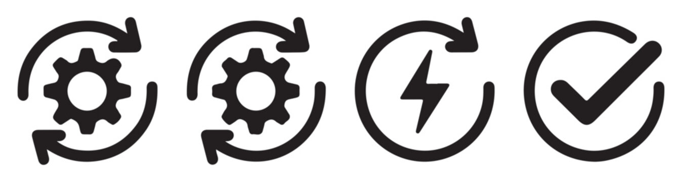 Set of cycle gear icons with power flash and checkmark symbol for software loading process UI design.
