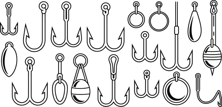 Fishing hook vector collection, black and white line art tackle icons, professional angling equipment set with sinkers and floats