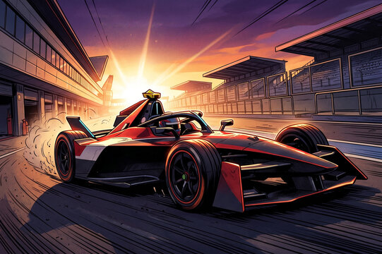 Formula race car drifting with smoke on a racing circuit 