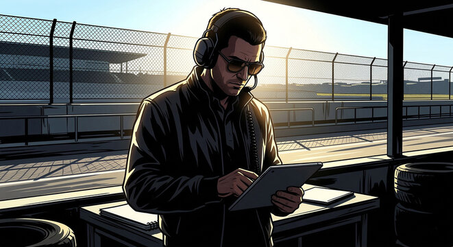 Professional racing coach or engineer in sunglasses monitoring data on tablet by the track