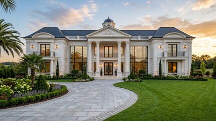 Obraz premium Luxury Neoclassical Mansion with Grand Columns and Palm Trees Exterior