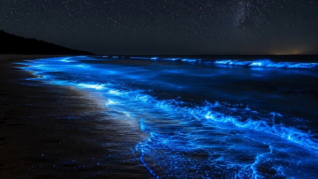 Bioluminescent Waves Crashing on Dark Shore Under Starry Night Sky