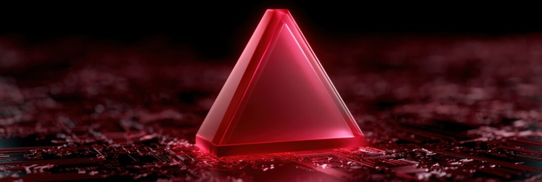 Glowing red triangular prism on electronic circuit board for futuristic banner and wallpaper with glossy geometric lighting