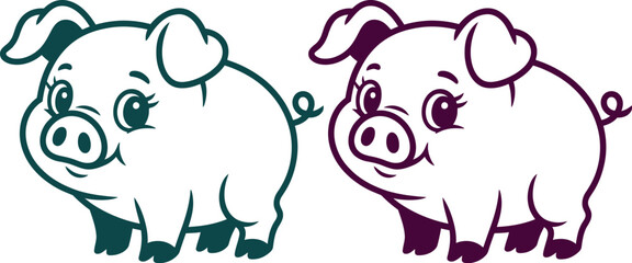 Cute piglet cartoon character vector, smiling farm animal line art set, adorable pig mascot illustration for children books and stickers © yamin678