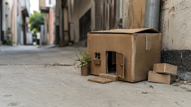 Abandoned Cardboard Pet House on Urban Sidewalk with Small Plant and Stones