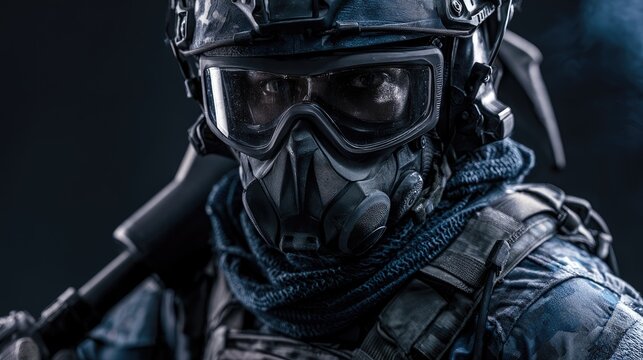 Close Up Portrait of Tactical Special Forces Soldier Wearing Protective Mask and Helmet