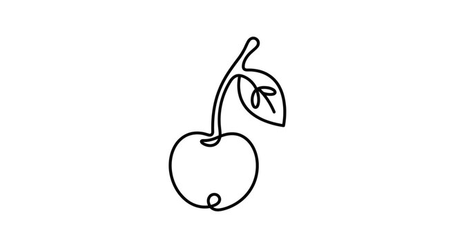 Minimalist single line drawing of a cherry with a leaf on a white background.
