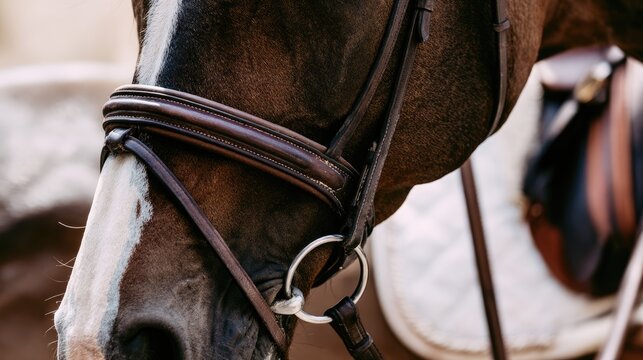 Elegant Close Up of Horse Wearing Leather Bridle and Tack for Equestrian Sport