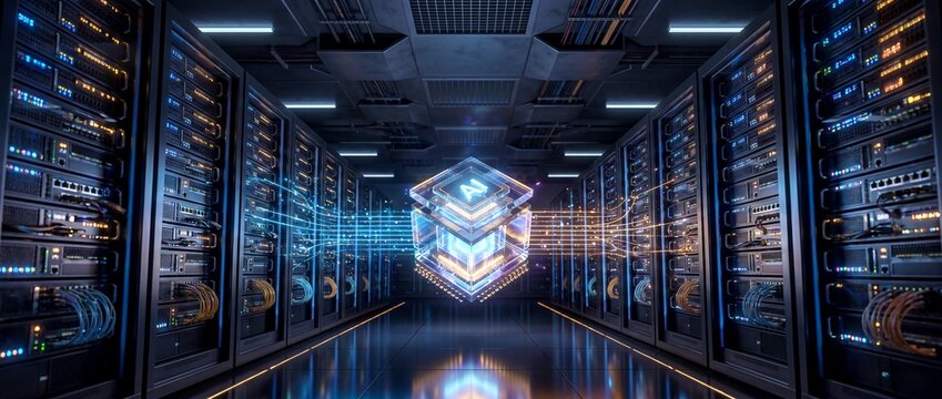 Holographic AI data cube in a server room featuring glowing blue and orange digital streams connecting to transparent glass processors for modern cloud computing technology concepts
