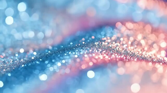 Sparkling glitter wave in pink and blue tones with soft bokeh, shimmering festive background, glamour texture, luxury sparkle.