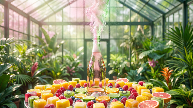 Glass bottle with pink effervescent drink exploding with fruit slices in a lush botanical greenhouse