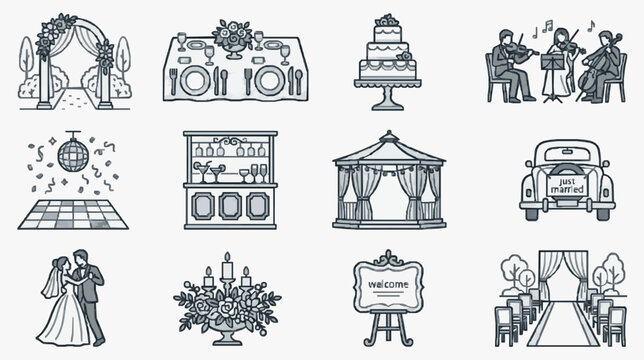 Modern Wedding Set Black and White Line Art of Wedding Ceremony and Reception Elements with high quality professional line art symbols for modern creative design and digital branding projects