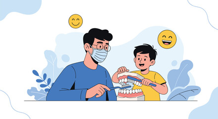 Obraz premium Masked dentist demonstrating proper teeth brushing techniques to a cheerful child using a large dental model, with smiling emojis, emphasizing oral hygiene and education.
