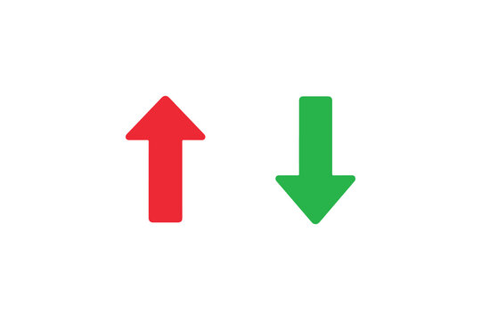 Two vertical arrows showing direction up and down in red and green colors on white backdrop.