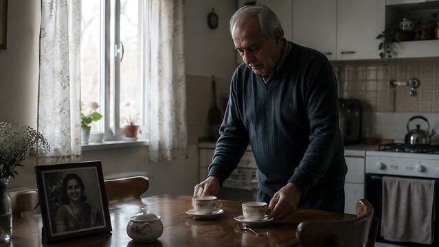 Elderly Man Preparing Food in Cozy Home Kitchen with Soft Natural Light