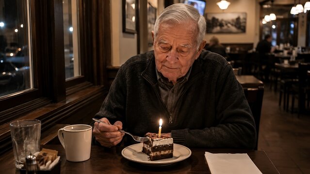 Elderly person blowing out candle on birthday cake in dimly lit restaurant