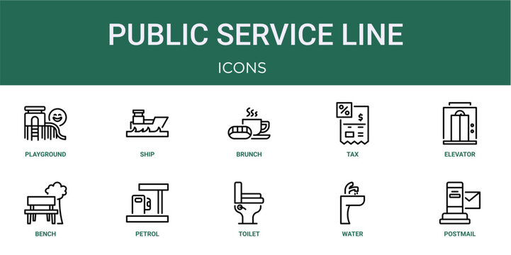 Set of 10 thin line Public Service Line icons for dashboards, websites and mobile app layouts. Editable outline vector pack featuring playground, brunch, elevator, petrol and postmail.