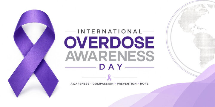 International overdose awareness day banner with purple ribbon symbol and world map