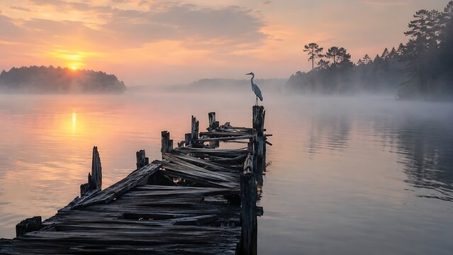 Silhouetted Fishermen on Wooden Pier at Sunrise with Misty Lake Landscape