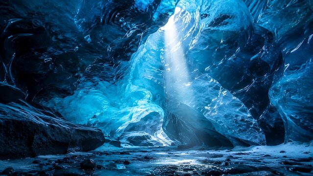 Majestic Waterfall Flowing in Dark Mystical Cave with Ethereal Blue Glow