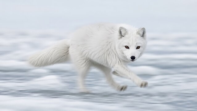 Arctic fox running through snowy landscape in cold winter wilderness
