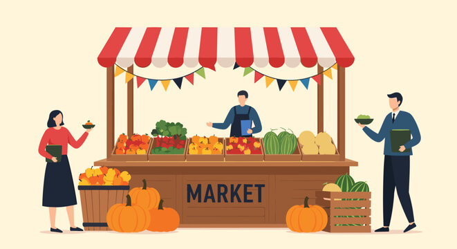 Happy local farmers selling organic fresh fruits and vegetables at street autumn market stand with customers buying.