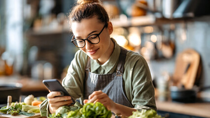 Nutrition influencer or food blogger preparing a vegan or healthy salad recipe in a bright modern kitchen, using a smartphone for filming a social media cooking tutorial.  © v.stock