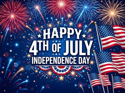 Happy independence day july 4th celebration with american flags and fireworks