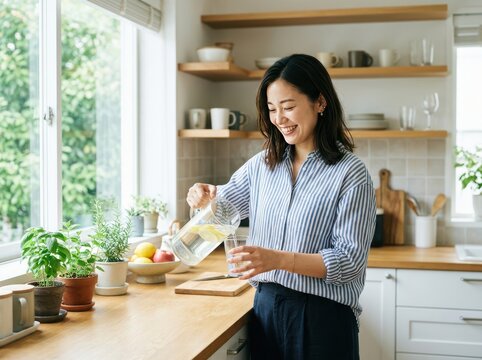 Happy young asian woman pouring fresh water from a glass pitcher into a clear drinking glass in a sunny cozy kitchen at home during the day