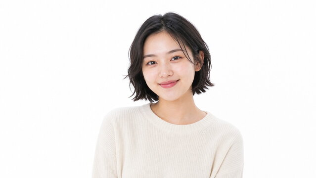 白背景の自然な微笑みの若い成人日本人女性ポートレート