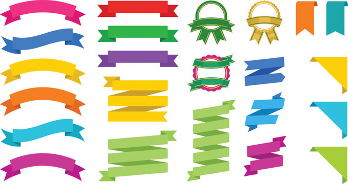 Collection of colorful vector ribbon banners badges and corner labels set for web design graphic decorations and promotional marketing material