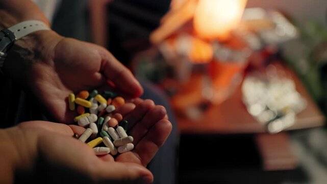 Rack focus from wooden table to human hands holding pile of medical pills.