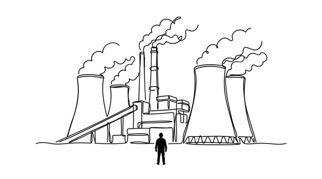 Continuous line drawing of a person standing before a large industrial power plant.