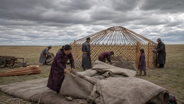 Traditional Yurt Tent in Open Grassland Under Stormy Sky with Nomadic Lifestyle Elements