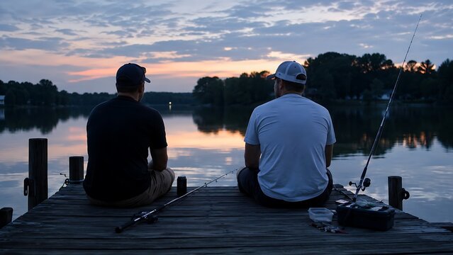 Two Men Fishing at Sunset on Wooden Dock by Calm Lake