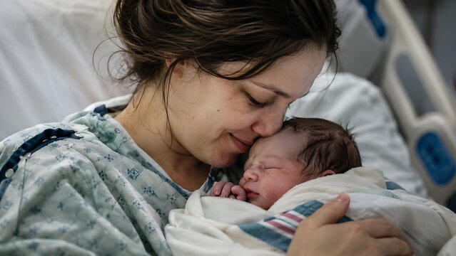 Mother Holding Newborn Baby Close Up in Soft Indoor Light with Gentle Expression