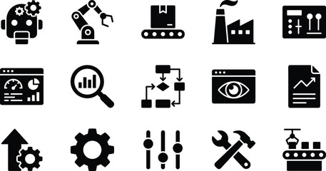 Set of black business and e-commerce icons showing delivery shipping shopping cart digital marketing robot support and analytics data management symbols © Abraham