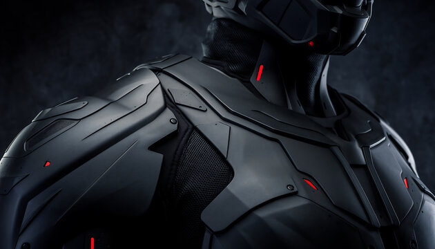 Close-up of a futuristic matte black sci-fi tactical armor suit with glowing red LED accents