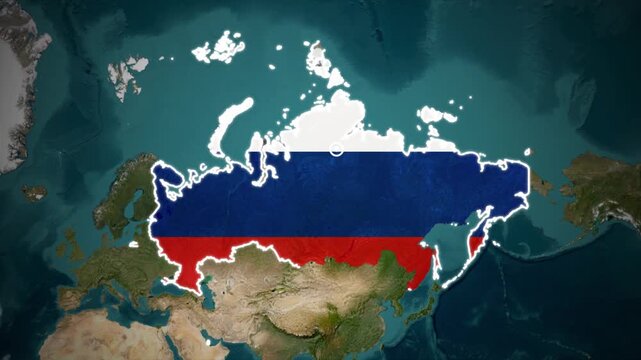 Russia map with national flag overlay on satellite terrain background animation.