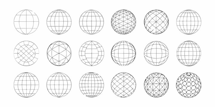 collection of 3d wireframe sphere grids in various patterns on white background grid pattern three dimensional geometric structure design mesh network spherical