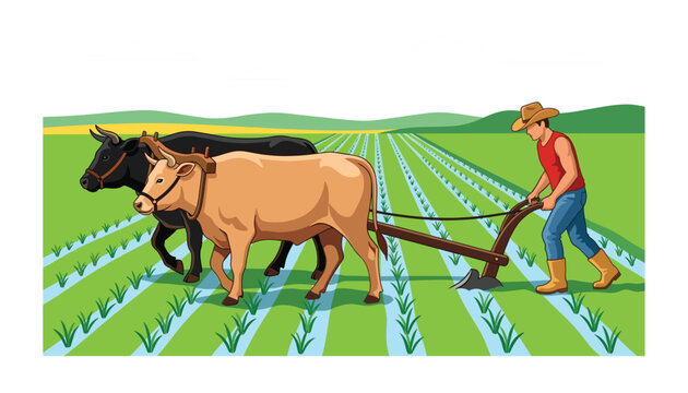 Traditional Farming Vector Illustration Featuring Farmer Plowing Paddy Field with Oxen and Wooden Plow Tool for Agriculture Business and Organic Food Rural Landscape Designs