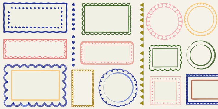 collection of colorful hand drawn frames on beige background rectangular frame oval scalloped edge dotted border illustration vector pattern design decoration