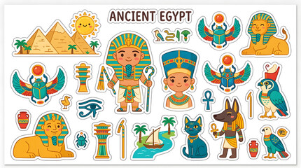Fototapeta premium Ancient Egypt Illustrations: A collection of charming cartoon-style illustrations depicting iconic symbols and figures of Ancient Egypt, including pyramids, pharaohs, sphinxes, scarab beetles.