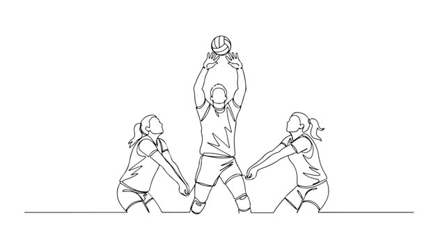 Continuous Simple black line art drawing set of volley ball player in a minimalist style on a white background.