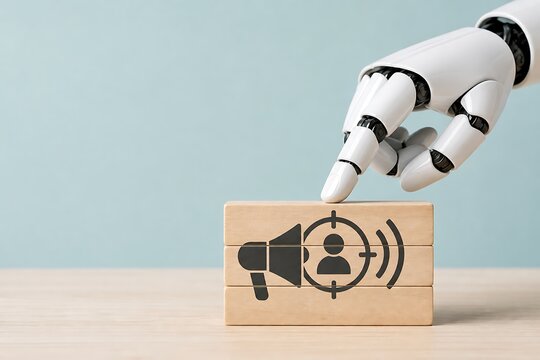 Robot hand placing a wooden block with a target marketing icon on a wooden table