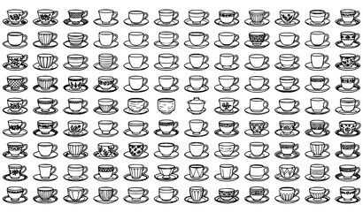 Fototapeta premium Premium Tea Cup and Saucer Mega Outline Collection with Elegant Teaware Black Vector Illustration