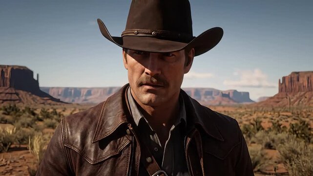 A serious cowboy stands in a vast desert landscape under a clear sky.