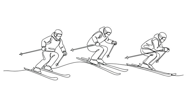 Continuous Simple black line art drawing set of Ski in a minimalist style on a white background.