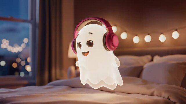 Cute cartoon ghost with headphones sitting on a bed in a cozy bedroom at night