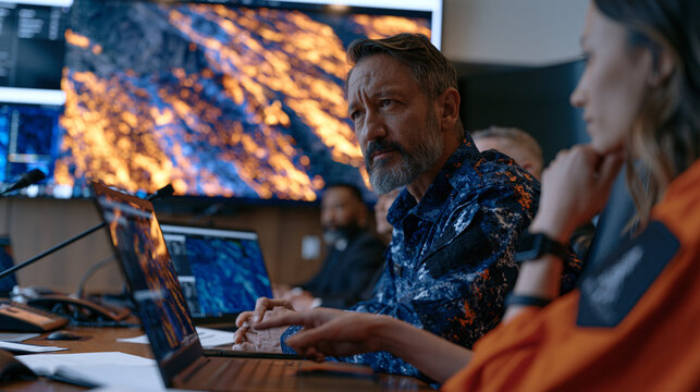 Wildfire AI satellite analyst presents early detection model accuracy improvements to a forestry agency leadership team in a government briefing room as fire progression simulation visualizations cy